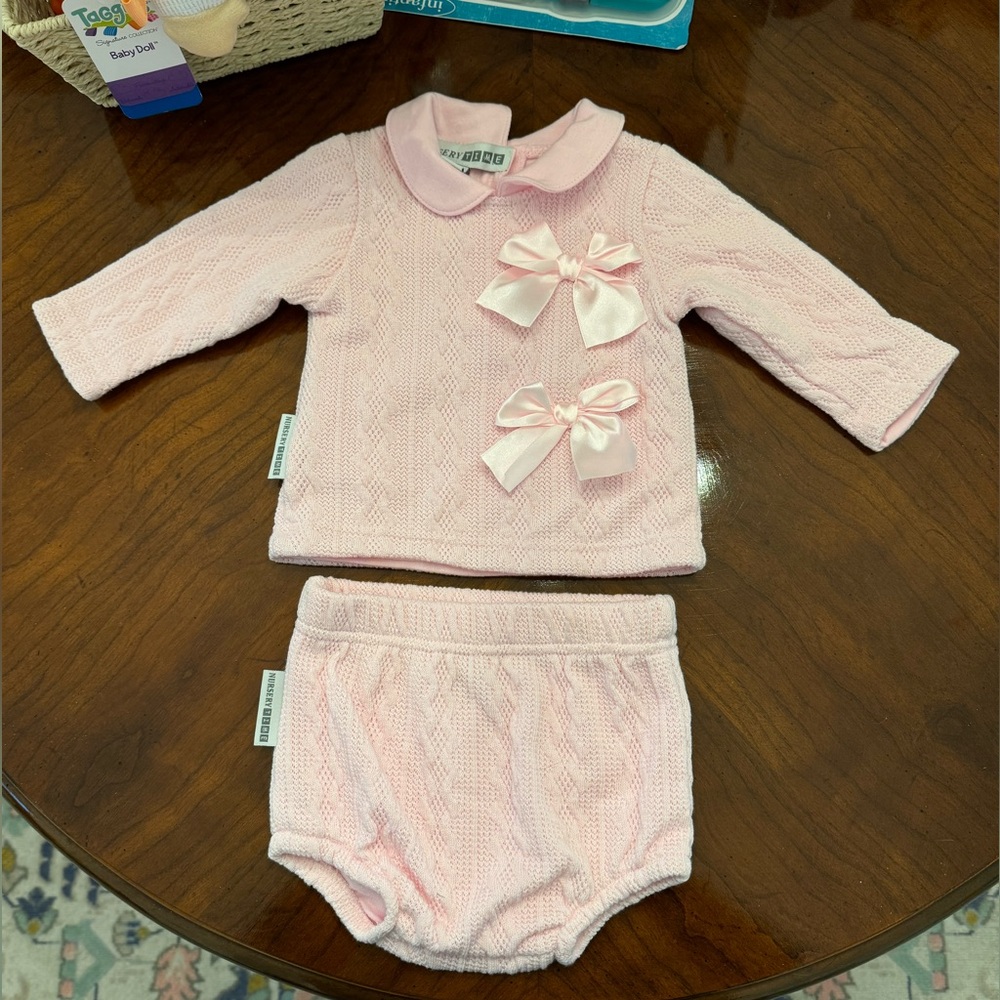 NWT Nursery Time Pink Knit Bow Diaper Set